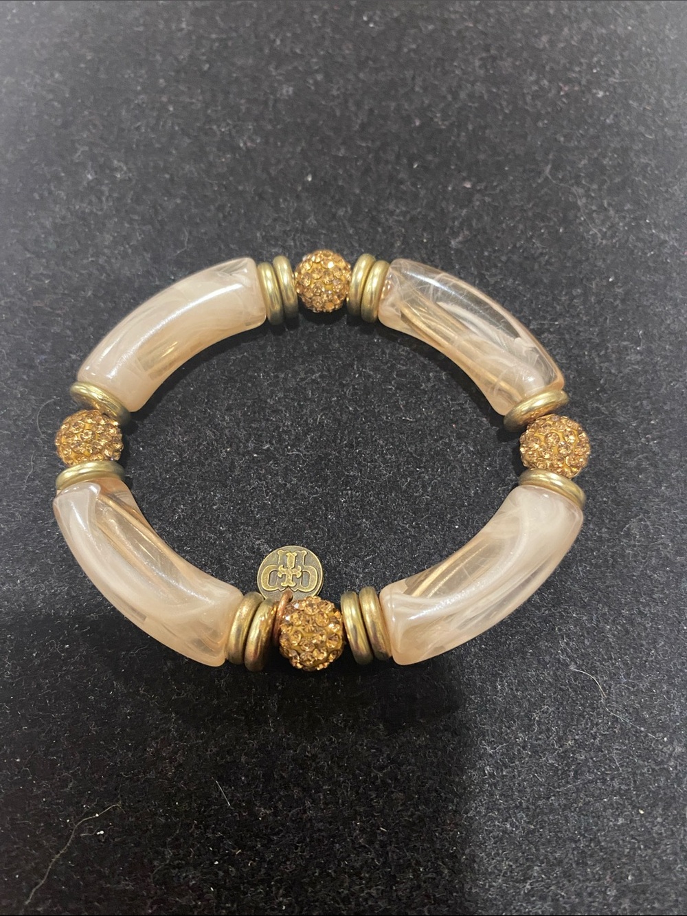 Cream and Gold Beaded Stretch Bracelet with Sparkle Accents